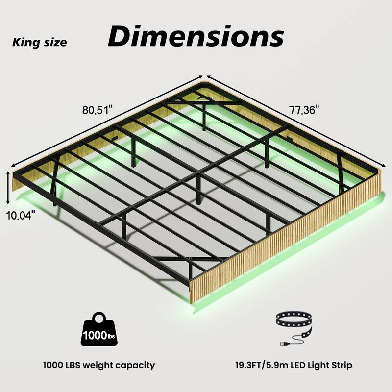 Floating King Bed Frame with LED Lights, Wave Curve Wood Texture, Heavy Duty Metal Slats - No Box Spring Needed