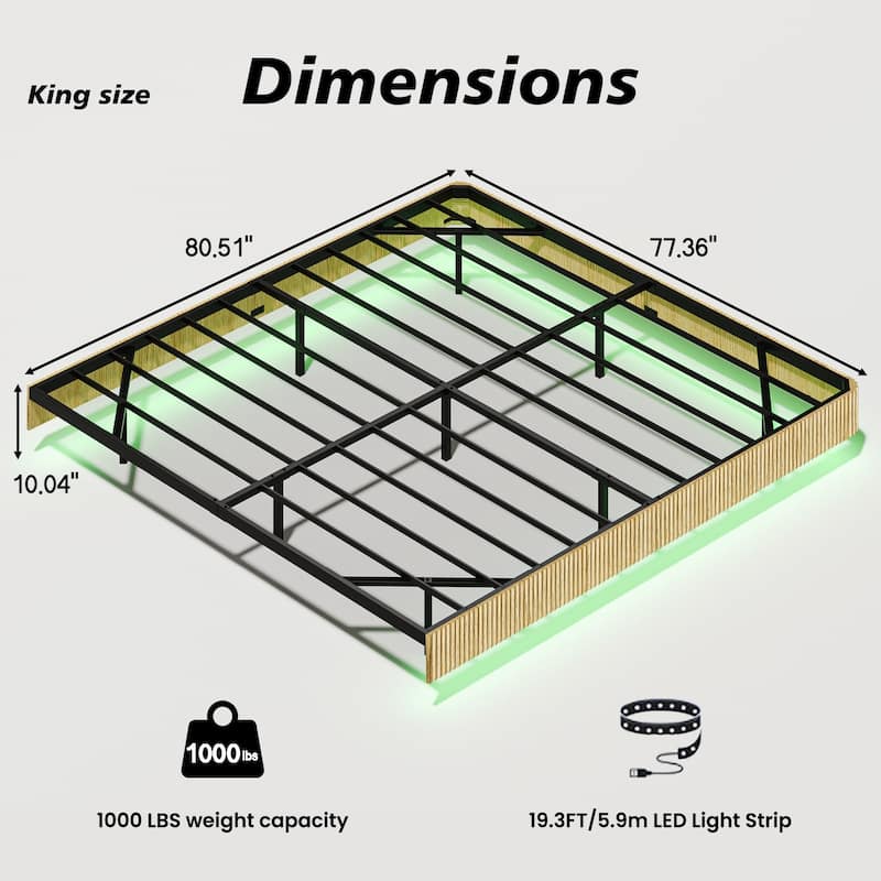 King Floating Bed Frame with LED Lights, Wave Curve Wood Texture Bed with Heavy Duty Metal Slats - No Box Spring Needed