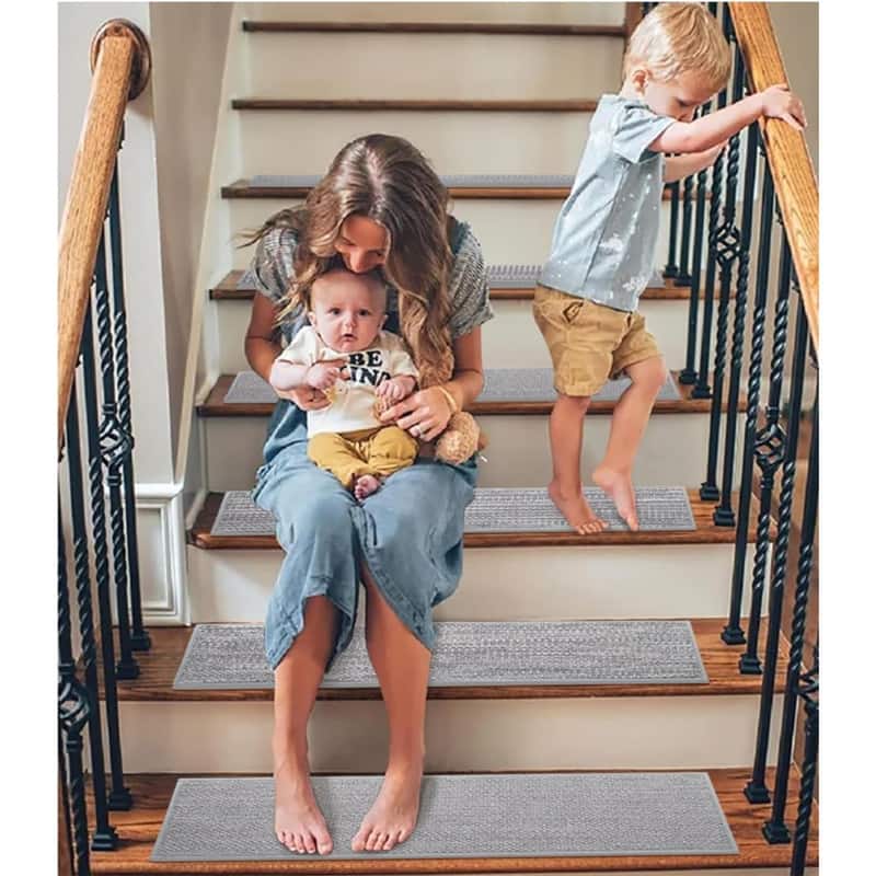 15pcs Upgraded Self Adhesive Backing Non Slip Stair Carpets, Linen Stair Treads for Indoor 30x8 in - 6' x 7'