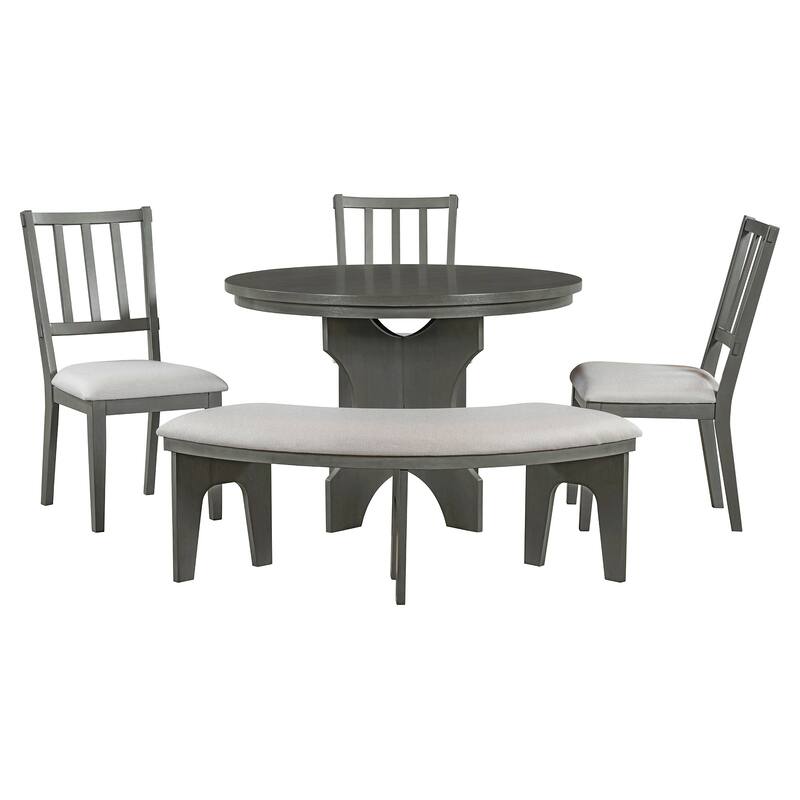 5-Piece Rustic Dining Set with Round Table, 3 Chairs & Bench