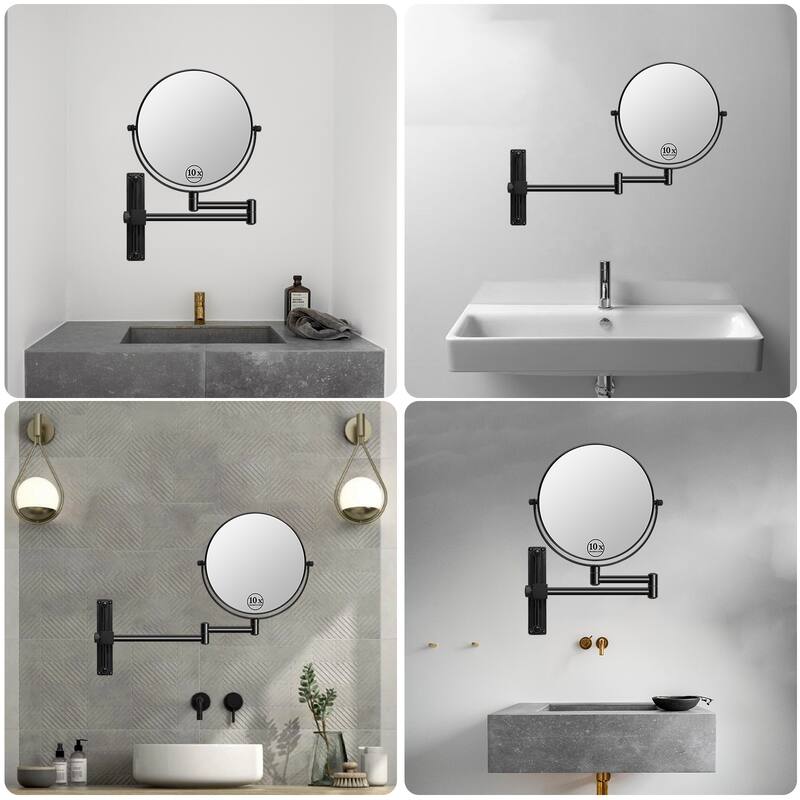 8 inch Wall Mounted Round Frame Makeup Mirror, 1X/10X Magnifying, Height Adjustable