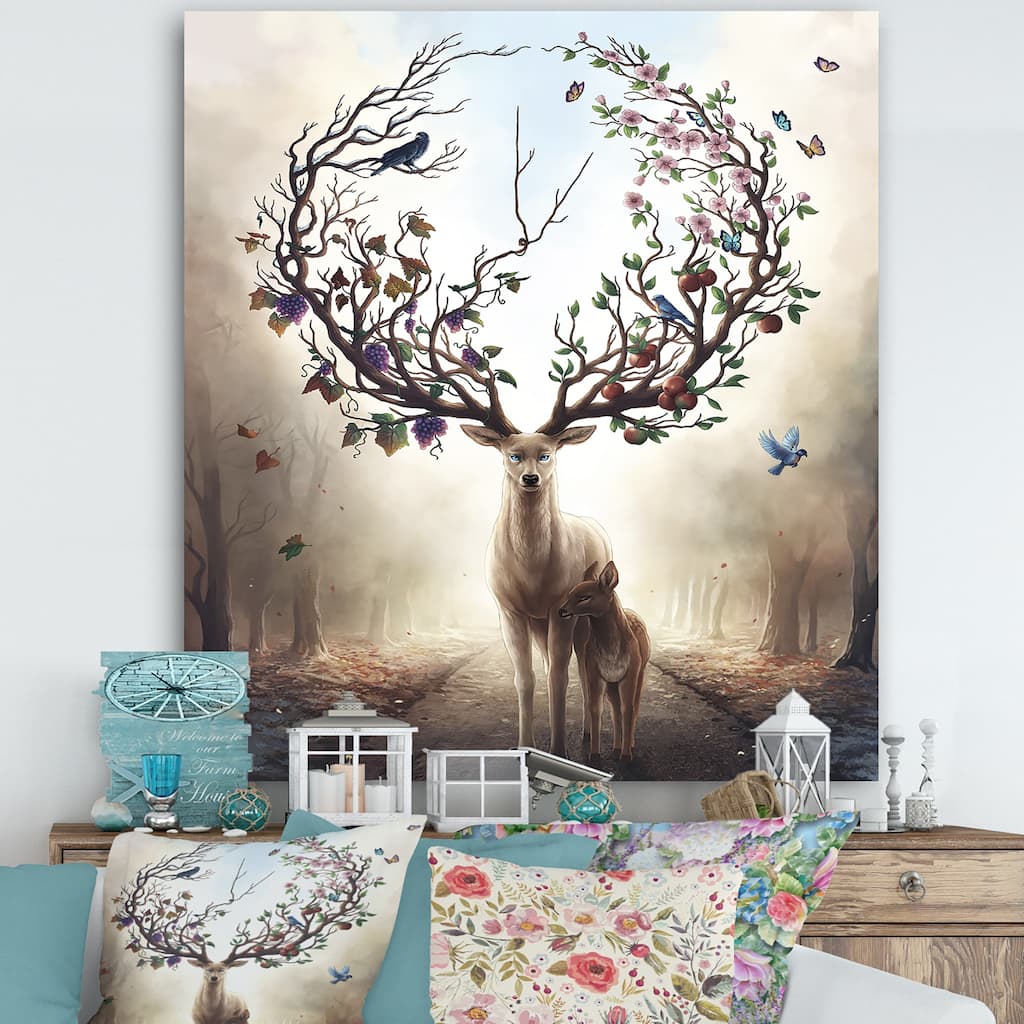 Designart "Deer With Blossoming Antlers" Cottage Canvas Wall Art