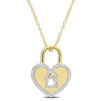 Miadora 1/5ct TDW Diamond Heart Lock Necklace in Yellow Plated Sterling Silver
