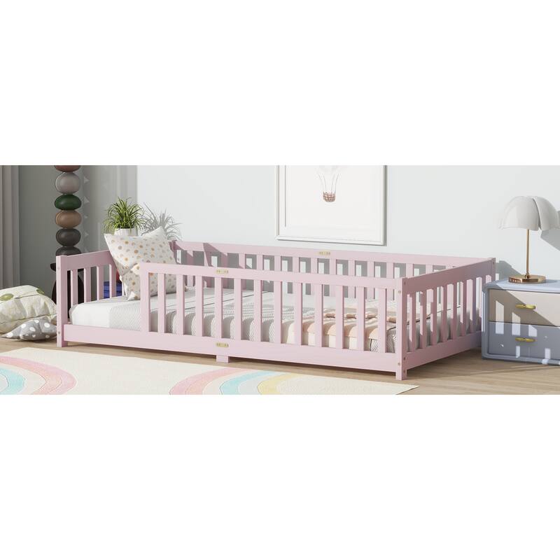 Roomfitters Twin Rubber Wood Floor Bed with Fence, Safety Guardrails, Low Profile Platform Design
