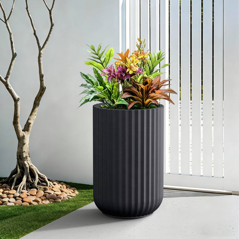 Concrete Tall Round Ribbed Design Planter with Drainage Hole