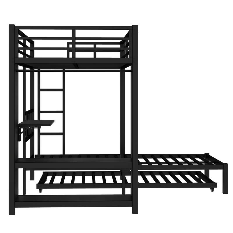 Twin-over-Twin Metal Bunk Bed with Built-in Wardrobe, Trundle and Foldable Desk