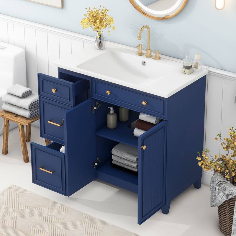 36" Bathroom Vanity Navy Blue Single Sink Bathroom Cabinet with Drawers - 36 Inch - 36 Inch - Navy Blue