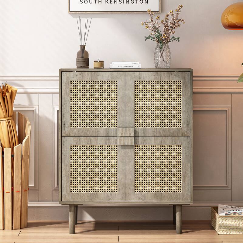 Anmytek Grey Woodgrain 4 Door Rattan Sideboard with 8 Storage Shelves Boho Buffet Cabinet - Grey