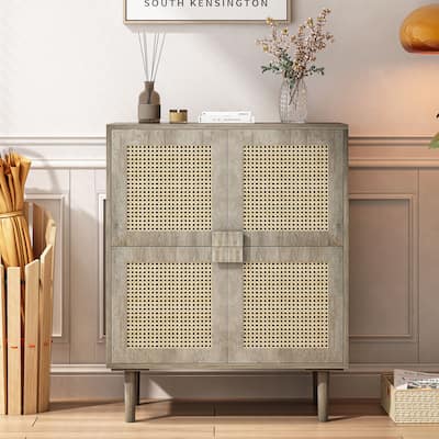 Modern Storage Cabinet with Adjustable Shelves and Four Rattan Mesh Decorative Doors