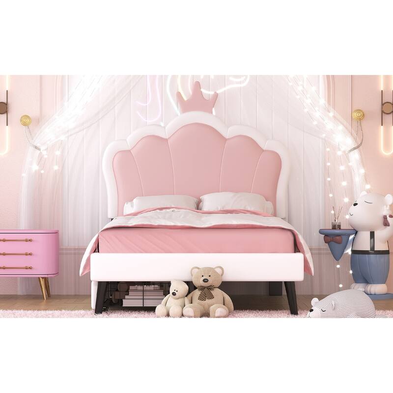 Twin Size Platform Bed with Crown Headboard and 2 Drawers, Upholstered Princess Bed