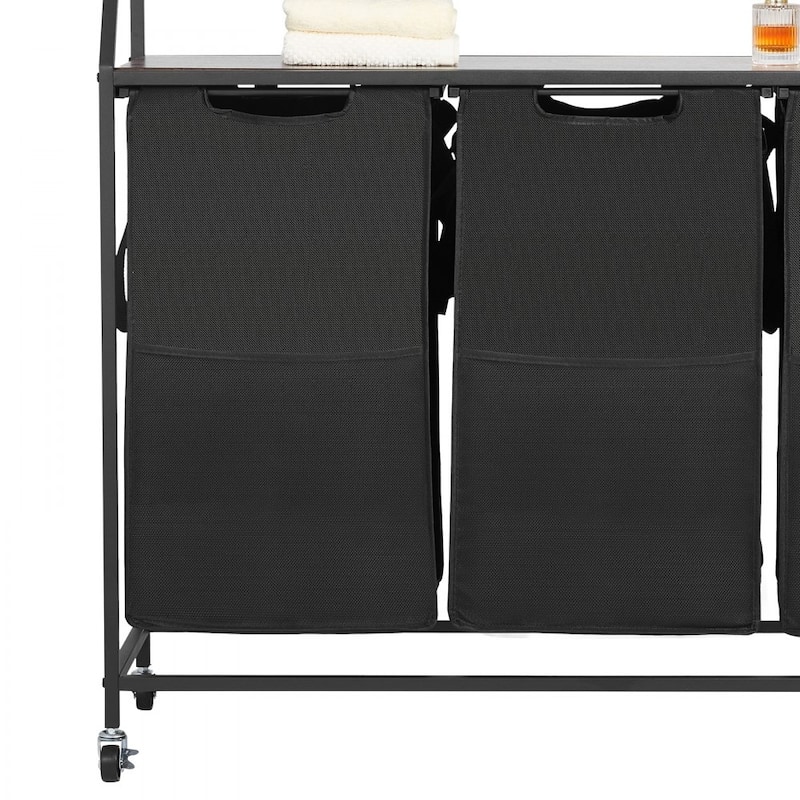 Black Laundry Hamper with Fabric 3 Removable Compartments Hamper and Wheels for Organization