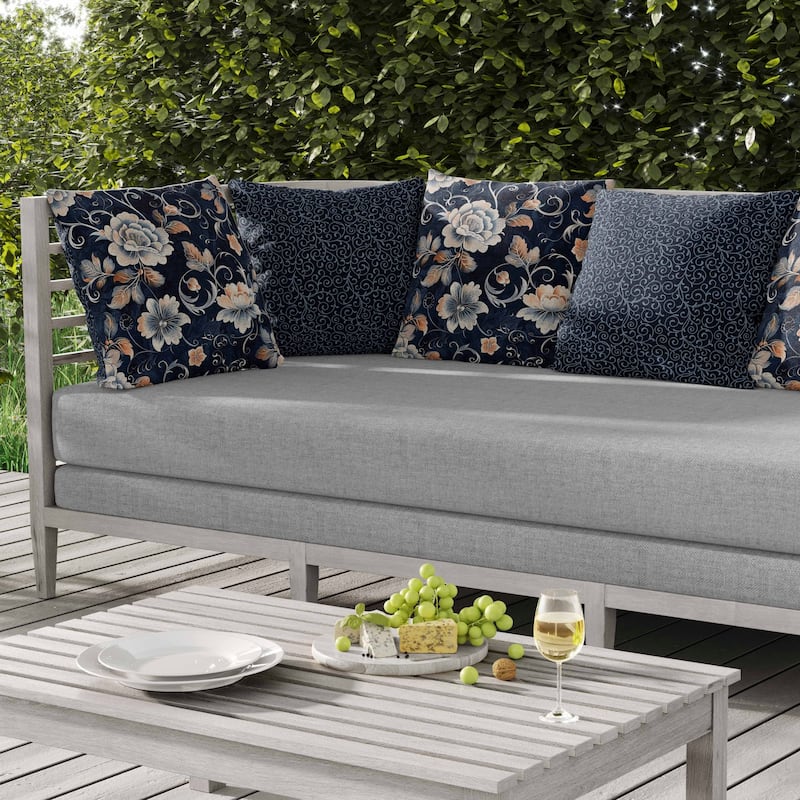 Curled Floral Vines Indoor/Outdoor Reversible Throw Pillow Blue and Peach