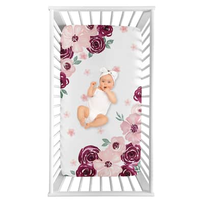 Burgundy and Pink Watercolor Floral Girl Photo Op Fitted Crib Sheet - Blush Maroon Wine Rose Green Shabby Chic Flower Farmhouse