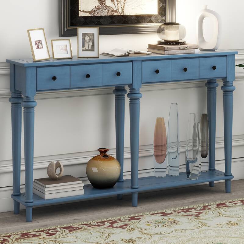 Navy Blue Versatile Hallway Table Side Table with 4 Storage Drawers, Accent Table Sofa Table with Bottom Open Shelf
