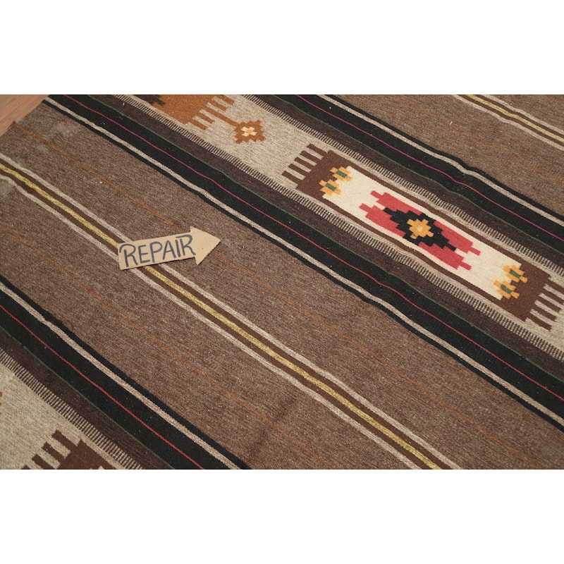 Hand Woven Oriental 100% Wool Carpet Southwestern Tribal Brown Kilim Area Rug - 10' 5'' X 6' 6''