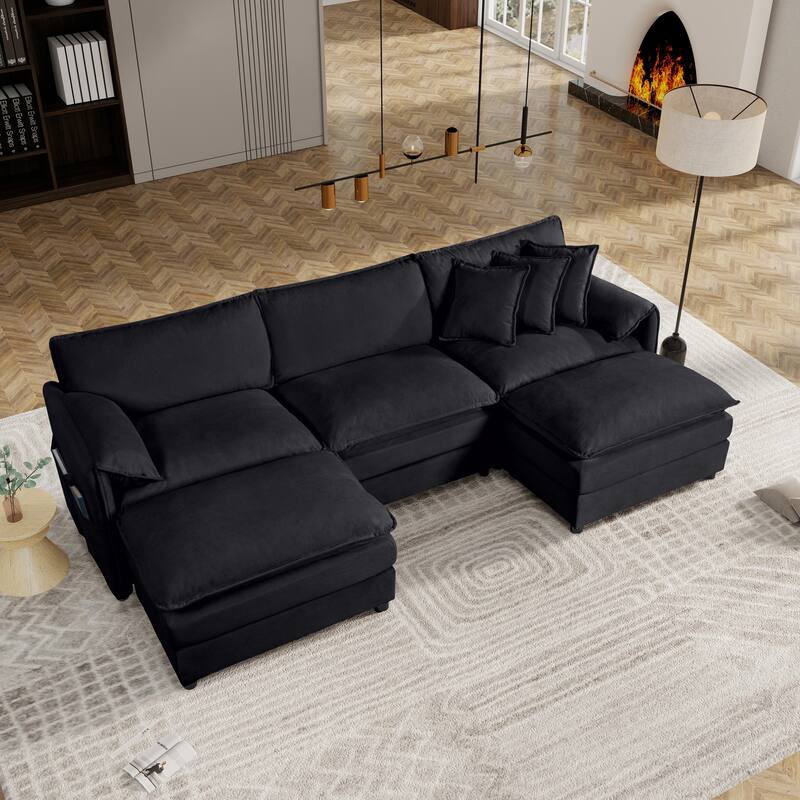 U-shaped Chaise Sectional Sofa Chenille Modular Couch with Thickened Seat Cushions, Armrest Pillows and Side Pockets - Black