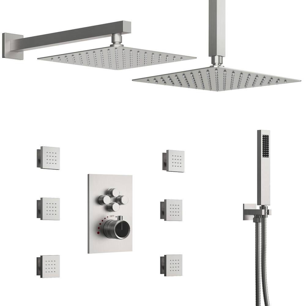 Thermostatic Dual Shower Head System ,12" High-Pressure Rainfall Shower Faucet with 4-Function Sprays