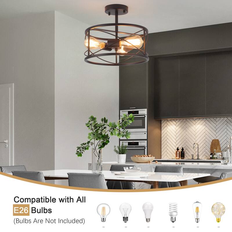 3-Light Metal Hanging Semi-Flush Mount Light Ceiling Light Fixture for Kitchen Island
