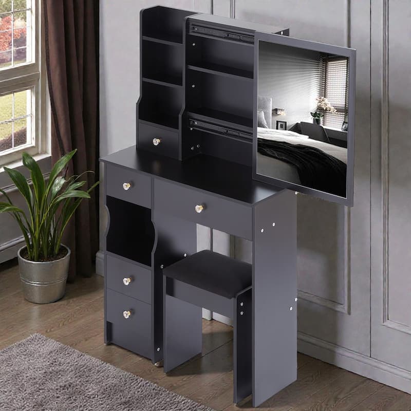 Small Space Vanity Table with Sliding Mirror and Stool, 29.2 Inch Makeup Dresser with Drawer Storage