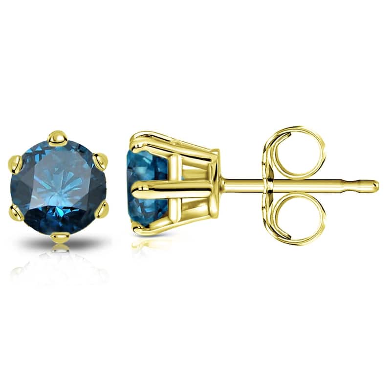 Auriya 1 1/2ctw Round Blue Diamond Stud Earrings 14k Gold 6-Prong (SI2-SI3) - Yellow