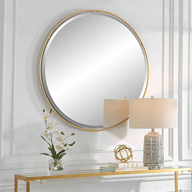 Round Beveled Floating Wall Mirror - 42" - Antiqued Gold Finish