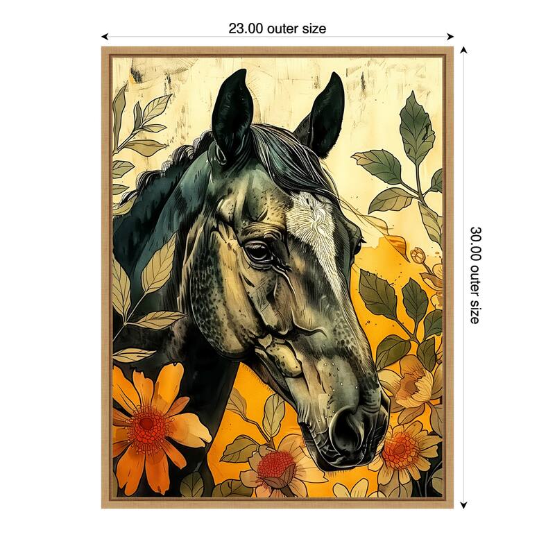 Dark Horse in Flowers by Justyna Jaszke Framed Canvas Wall Art - 23 x 30 in