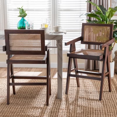 Kresna Rattan Counter Stool with Mahogany Wood - Handwoven Counter Height Chair with Cane, Seating for Kitchen Island or Dining