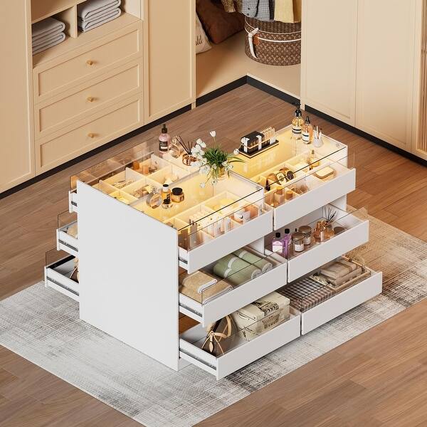 PAKASEPT Armoire Bedroom Island, Wardrobe Closet Island Dresser with Glass Showcase, Charging & 3 Color LED Light
