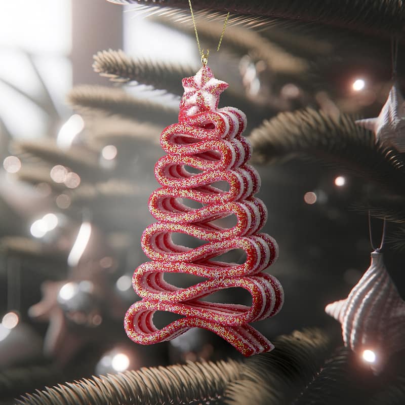 5" Acrylic Ribbon Candy Tree Ornament Set of 6 - Red