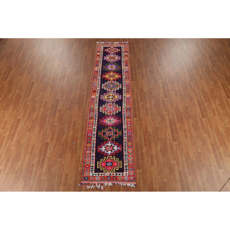 Navy Blue Anatolian Oriental Vintage Runner Rug Handmade Wool Carpet - 2'10"x 12'0"
