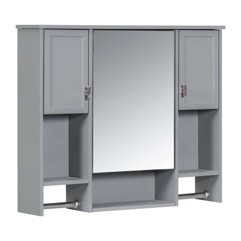 35'' x 28'' Modern Wall Mounted Bathroom Storage Cabinet with Mirror, 3 Doors, Adjustable Shelves, Towel Bar, Black