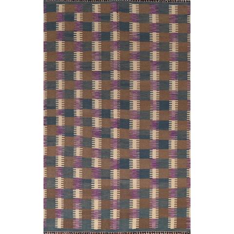 Checkered Kilim Natural Dye Oriental Area Rug Flat-weave Wool Carpet - 6'7" x 9'11"