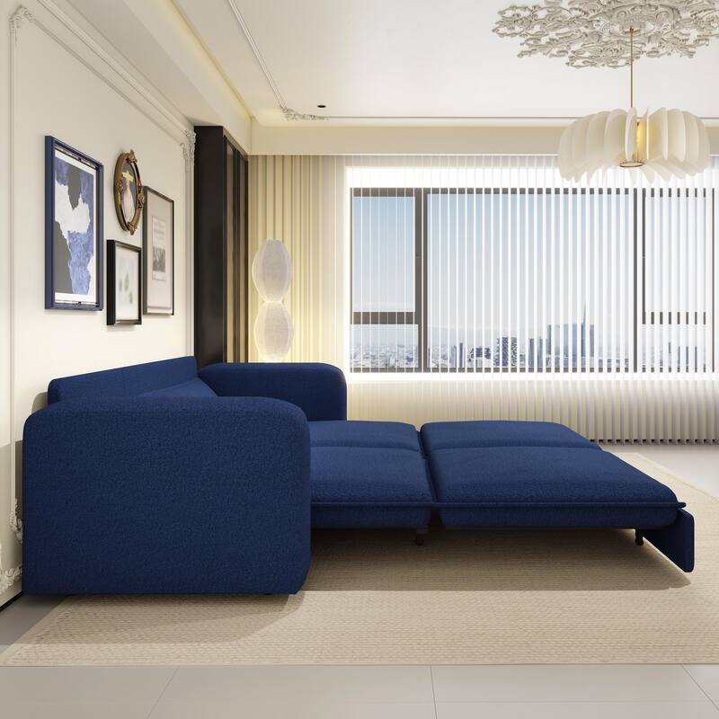 93" Convertible Sleeper Sofa Bed with Chaise Lounge, 3-in-1 Pull Out Sofa Couch, Teddy Fabric Loveseat Sofa w/ 2 Lumbar Pillows
