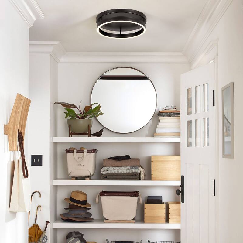 13.8" 1-Light Modern Black Circle Round Metal Integrated LED Flush Mount Ceiling Light for Bedroom & Living Room