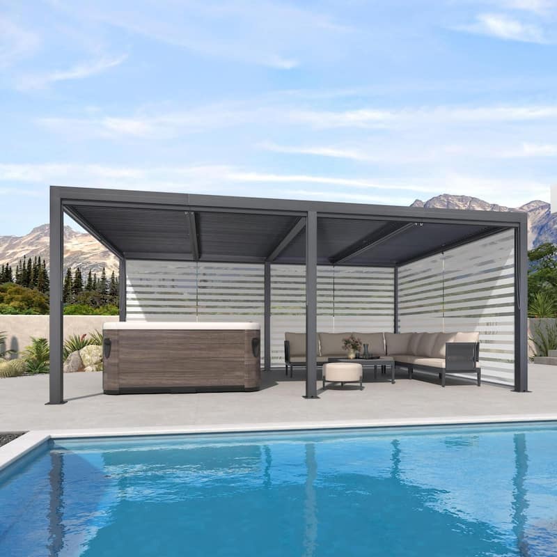 PURPLE LEAF Gray Louvered Pergola Outdoor Aluminum Pergola with Adjustable Roof for Patio Grey Hardtop Gazebo