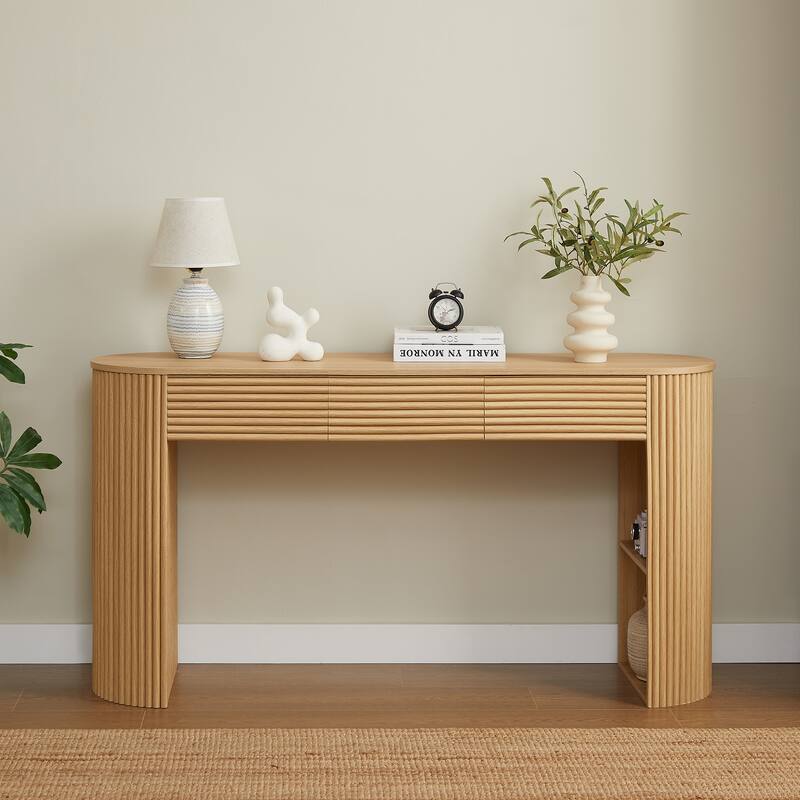 Retro Console Table with Storage, 3 Drawers, 1 Table-Leg Niche, Round Slat Aesthetic, Entryway, Living Room & Hallway