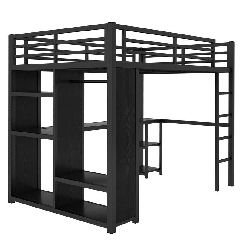 Roomfitters Twin/Full Metal Loft Bed Frame with Built-in Wardrobe, Desk & Storage Shelves, Space-Saving Design, Black