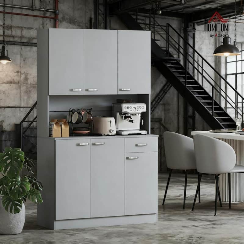 70.8" Buffet with Hutch, Modern Kitchen Wood Pantry Storage Cabinet with Microwave Oven Countertop, Drawer and Cupboard - Gray