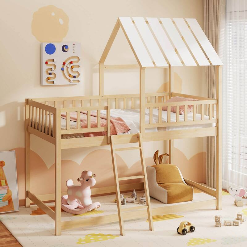 Costway Twin Over Twin House Bunk Bed with Roof, Ladder & Full-length