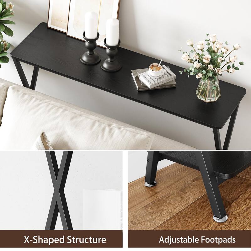 Farmhouse Console Table Barn Style with Shelf and Metal Frame