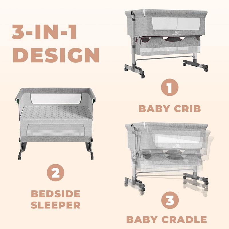 Adjustable Height Baby Bedside Sleeper Crib with Removable Mosquito Net Cover and Wheels