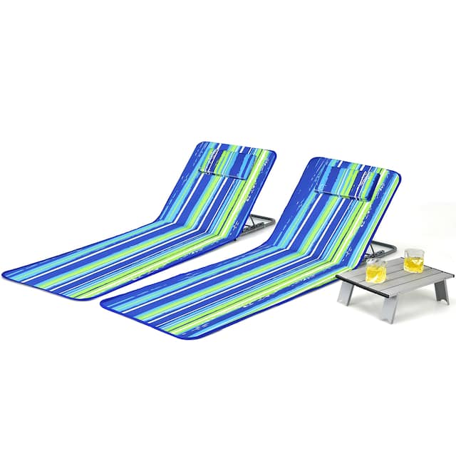 3 PCS Folding Beach Chairs Patio Adjustable Chaise Lounge with Table - Stripe
