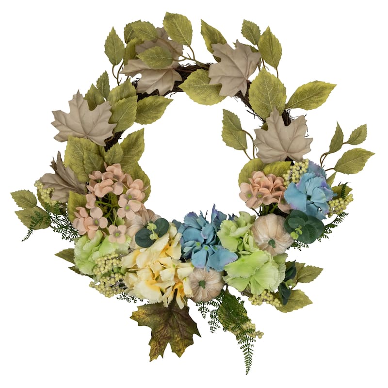 Green Blue Floral Gourds Thanksgiving Artificial Wreath, 22-Inch