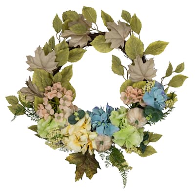 Green Blue Floral Gourds Thanksgiving Artificial Wreath, 22-Inch
