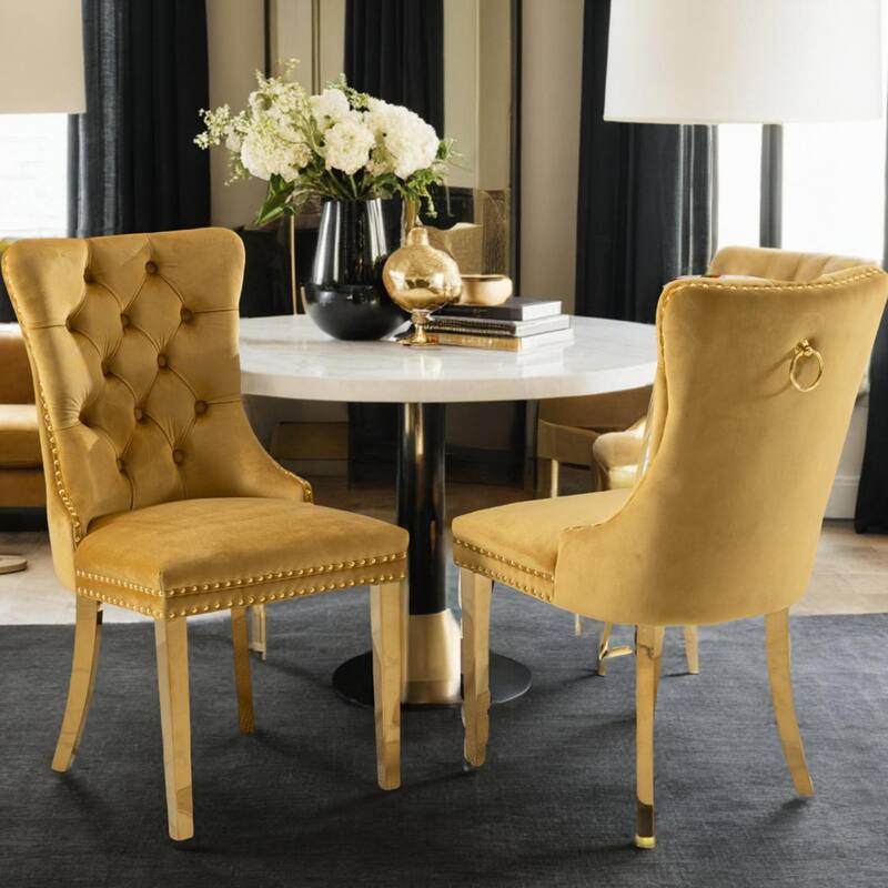 High-end Tufted Solid Wood Contemporary Velvet Upholstered Dining Chair with Golden Stainless Steel Plating Legs - Gold