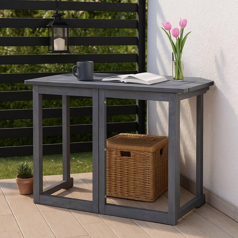 Outdoor Folding Balcony Table, Rectangular 35 Inch, Gray Acacia Wood