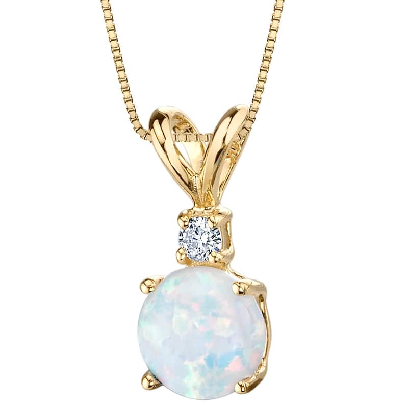 14k Yellow Gold Gold Created Opal Diamond Solitaire Pendant