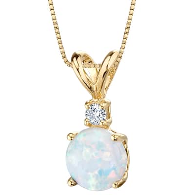 14k Yellow Gold Gold Created Opal Diamond Solitaire Pendant