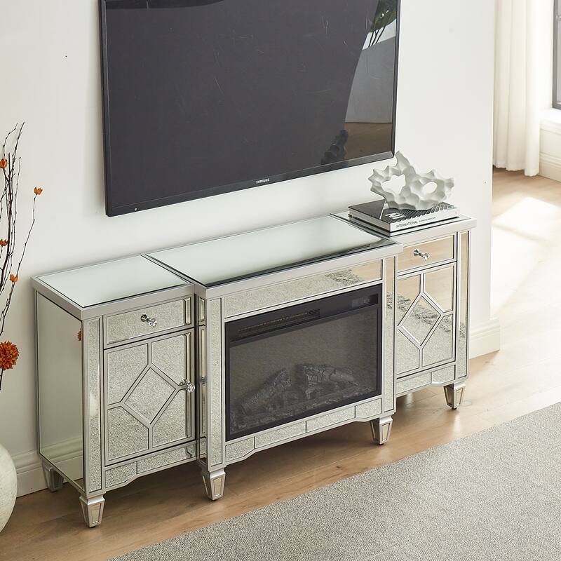 57" Silver Combination TV Stand & Electric Fireplace with High-Intensity LED Flames