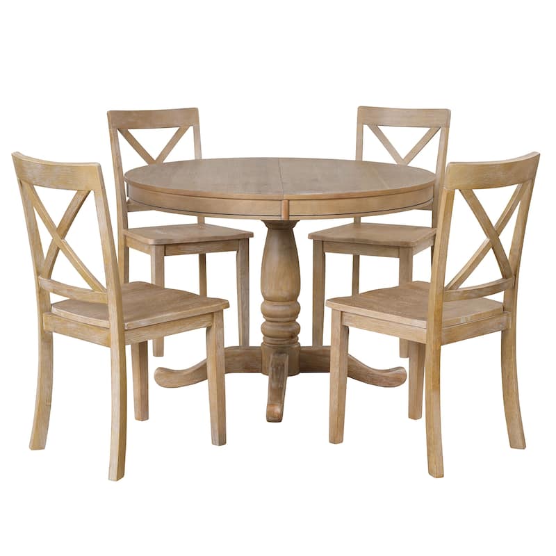 5 Piece Wood Dining Table Set, Kitchen Dining Table Set with Extendable Round Dining Table and 4 Chairs with Backrest